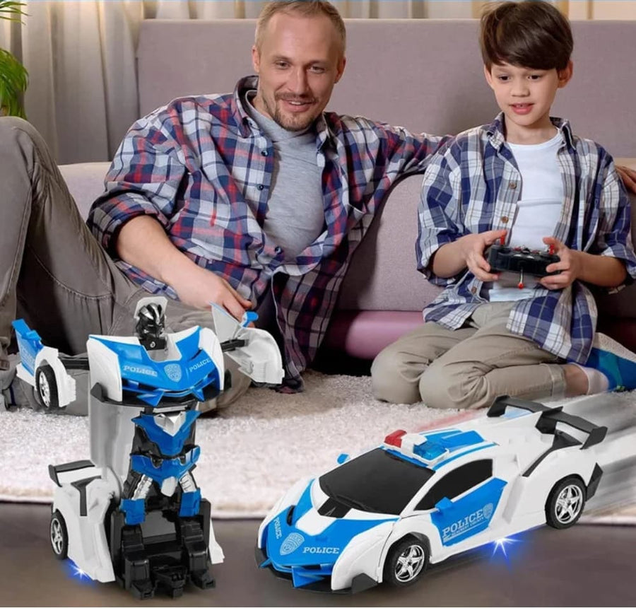 Voiture de police robot transformable télécommandée bleu