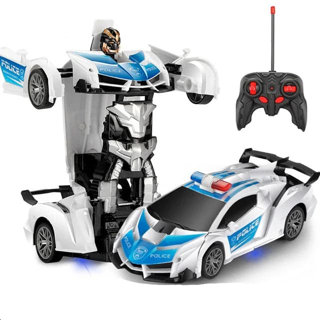 Voiture de police robot transformable télécommandée bleu